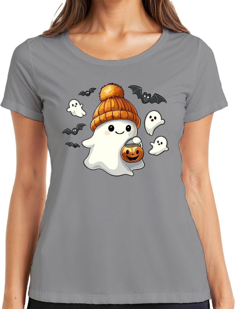Niedlicher Halloween Geist mit Mütze Kürbis Laterne Kawaii Süßes Damen T-Shirt, Grau, M