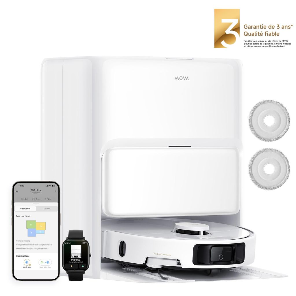 A white robot vacuum cleaner with its charging station, a smartphone, and a smartwatch.