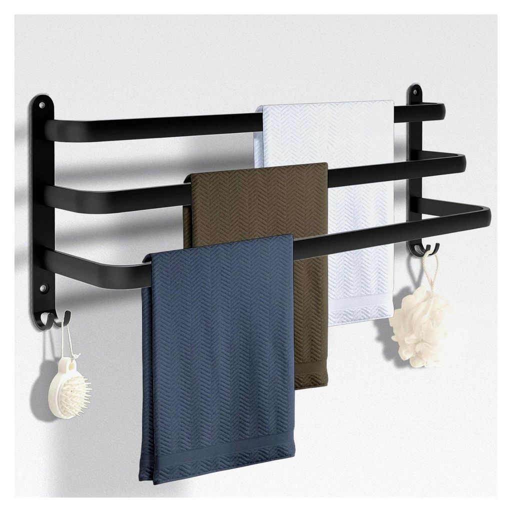 Handtuchhalter Schwarz 60 cm, ohne Bohren, Aluminium Handtuchregal Wandmontage, dreistufige Handtuchstange mit Haken, Zubehör für Bad und Küche