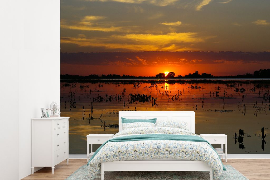 MuchoWow Fototapete für Wohnzimmer oder Schlafzimmer Wandtapete Vinyl Motivtapete Rotes Glühen am Himmel im Pantanal - 360x260 cm - Wohnzimmer ...