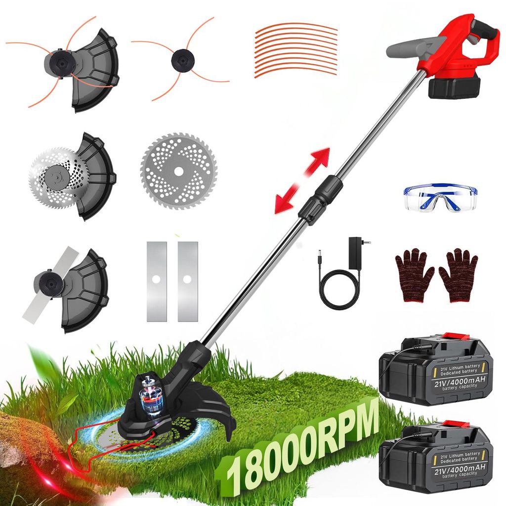 Akku Rasentrimmer mit 2× 4000mAh Akku 21V, Bürstenloser Motor Rasentrimmer, 17cm Schnittdurchmesser, Freischneider mit Akkus & Ladegerät, für G...