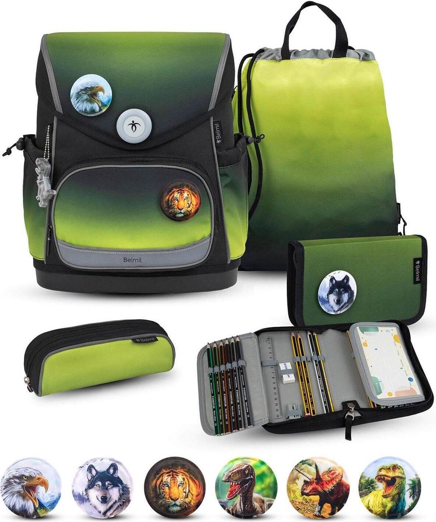 Belmil Compact Plus Premium Schulranzen Set 5-teilig "Black Green"