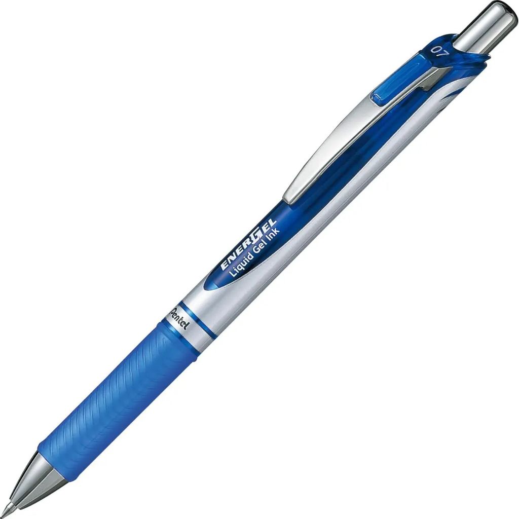 A blue and silver Pentel EnerGel liquid gel pen is shown against a white background.