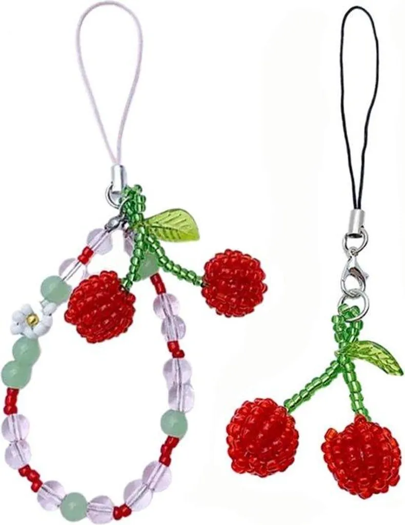 Bijou de téléphone cerises lot de 2 dragonnes mobiles perles rouges