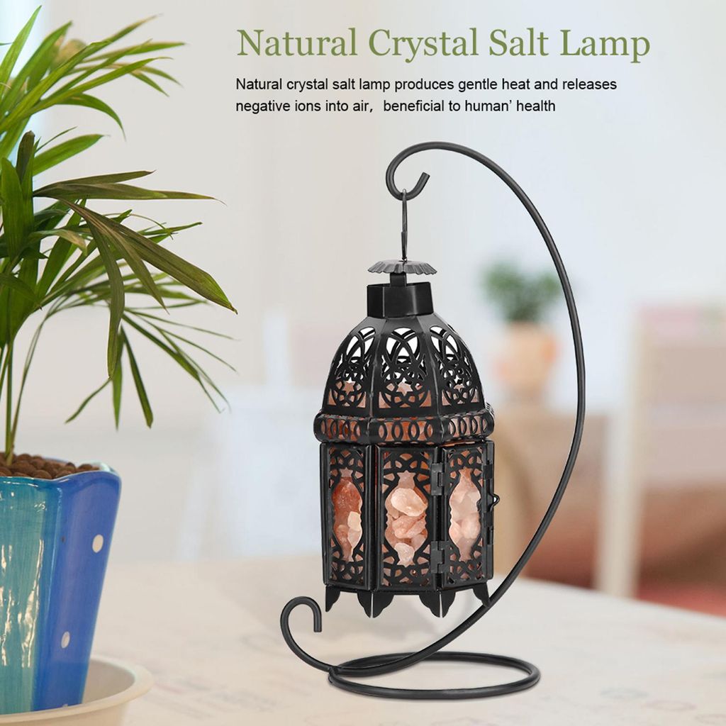 Vintage Iron Frame Natural Crystal Salt Rock Lampe Luftreiniger Home Room Night Light Decor (Schwarz)