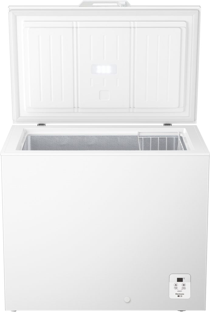 A white chest freezer with its lid open, showing the interior and a storage basket.