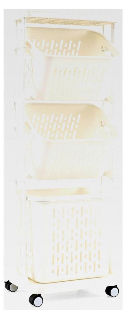 Wäschekorb mit Rollen, Wäschewagen mit 3 Fächern, Wäschesammler mit Griffen, Wäschesortierer aus Kunststoff mit Ablage, Aufbewahrungswagen fü...