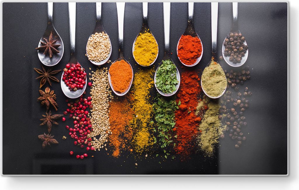 DEQORI Frühstücksbrett Glas 23x14 cm 'Kochlöffel mit Gewürzen' Schneidebrett Platte