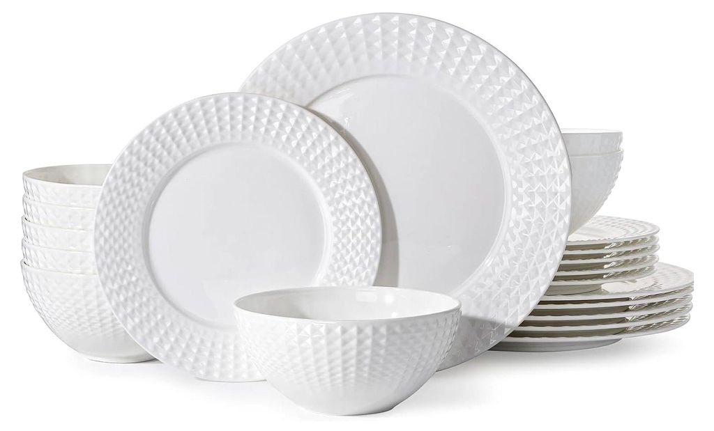 Knochenporzellan Geschirrset für 8 Personen, 24-teiliges Teller Set, mikrowellen- und spülmaschinenfest, Tafelservice mit rhombusförmigem Randde...