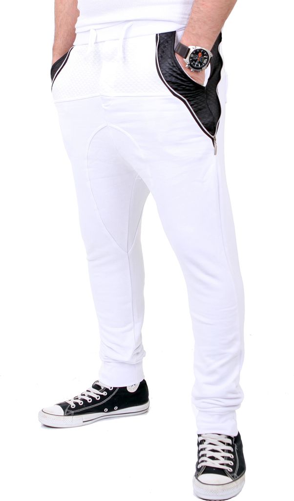 Reslad Jogginghose Herren Kunstleder Patched Sweatpant Sporthose RS-306 Weiß L