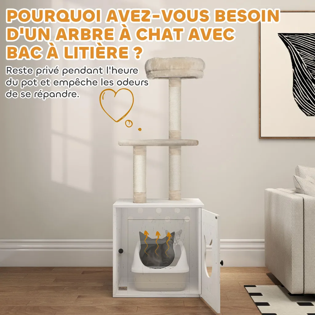 Arbre à chat d'appartement avec cache-litière fermé beige 129 cm - 7
