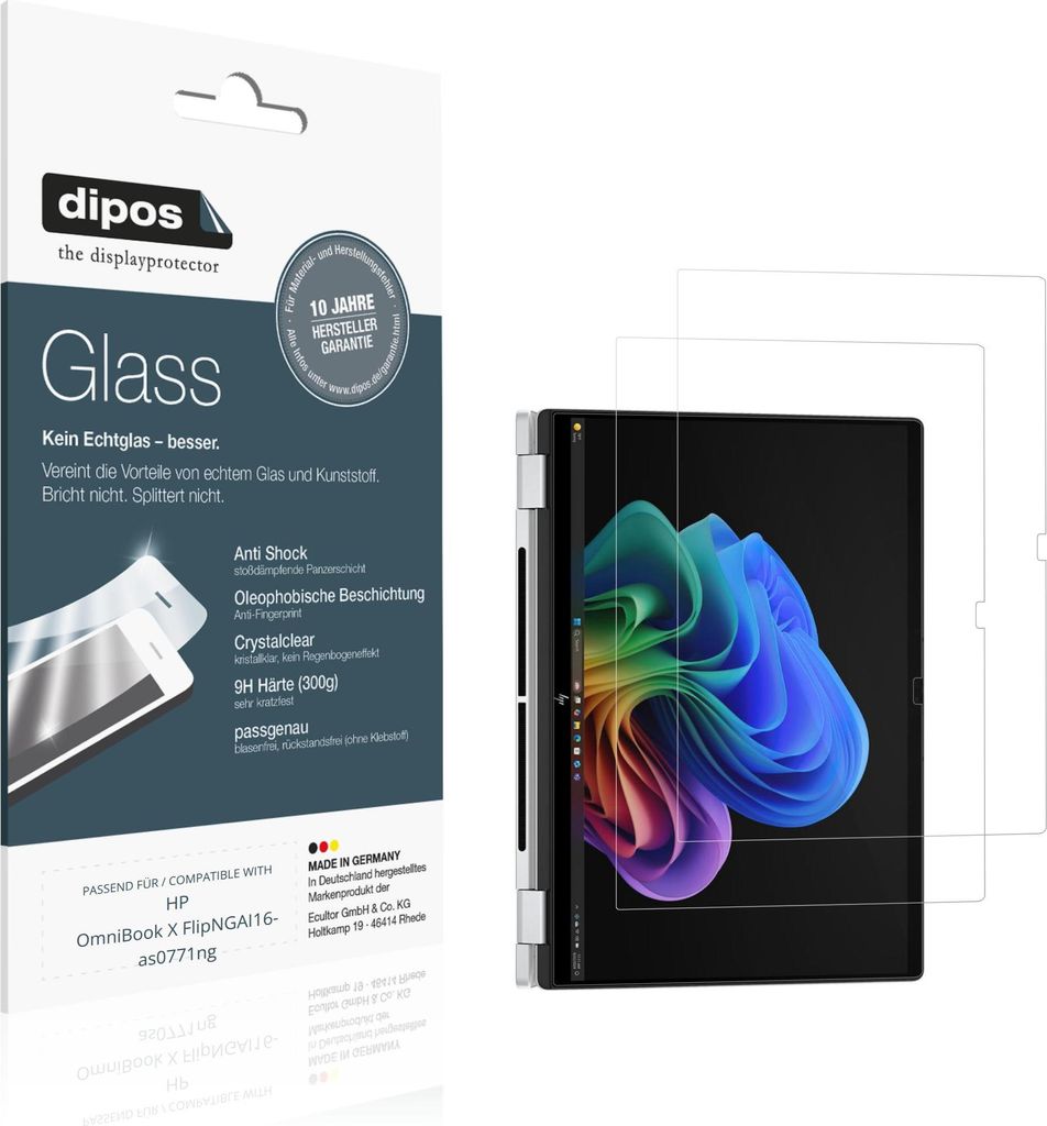2x Schutzfolie für HP OmniBook X FlipNGAI16-as0771ng - Anti-Shock 9H Folie dipos Glass Kunststoffglas