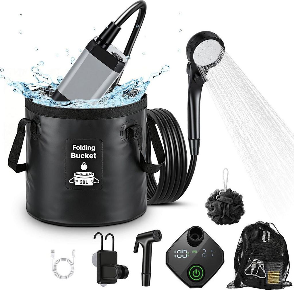 Izrielar Campingdusche Tragbare, Camping Dusche mit 20L Falt-Eimer, Temperaturanzeige, Outdoor Set mit Duschkopf für Garten, Autowaschen, Strand