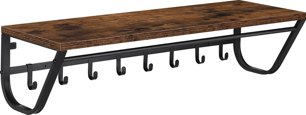 Wandregal mit Garderobenhaken, Kleiderstange zur Wandmontage im Industrial Design, Flurgarderoben Set aus Vintage Holz mit Metall, Maße B 90 cm x ...