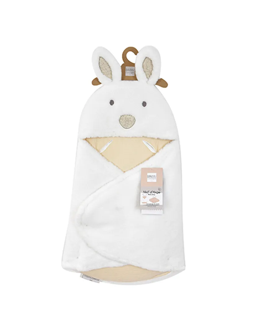 Doudou Couverture Peluche Blanche avec Capuche Happy Wild 70x70cm