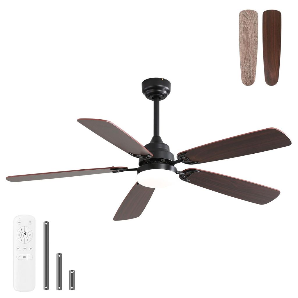 A black ceiling fan with five wooden blades is displayed against a white background. It includes a remote control and options for different blade finishes.