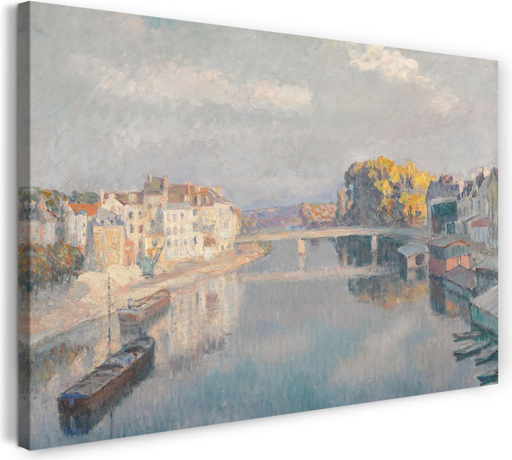 Leinwandbild (100x70cm): Henri Martin - LAGNY, LE PONT ET LES BATEAUX-LAVOIRS SUR LA MARNE, echter Holz-Keilrahmen inkl. Aufhänger, handgefertigt ...