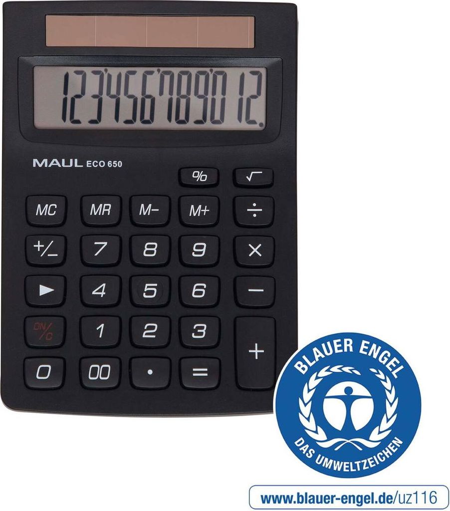 MAUL Tischrechner ECO 650 LCD-Anzeige 1-zeilig, 12 Ziffern Solar 14.5 x 10.4 x 3.3 cm schwarz