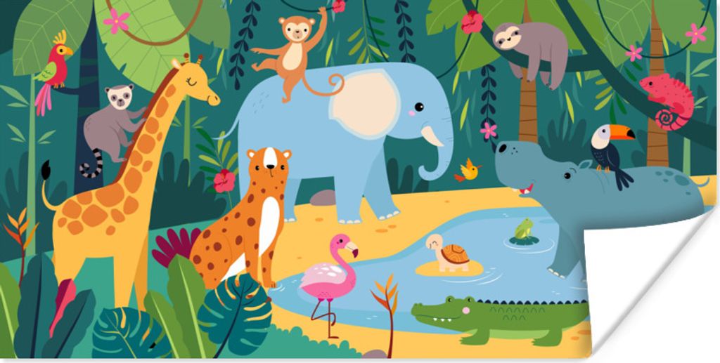 MuchoWow Poster Dschungel - Kinder - Tiere 150x75 cm - ohne Rahmen