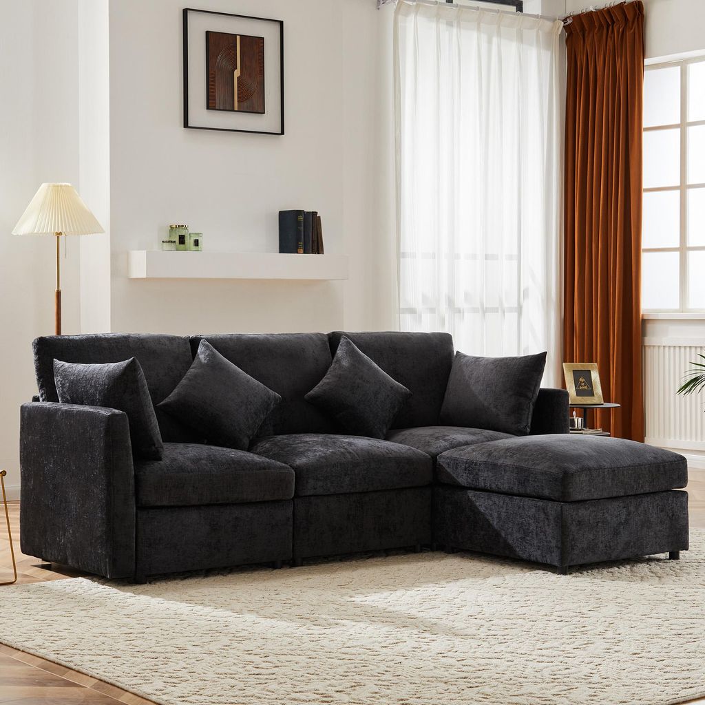 Merax Ecksofa, L-Form Sofa mit Schlaffunktion, 3-4 Sitzer Couch Soffa mit 4 Kissen, Wohnzimmersofa, Couchgarnitur, Chenille Stoff, Grau