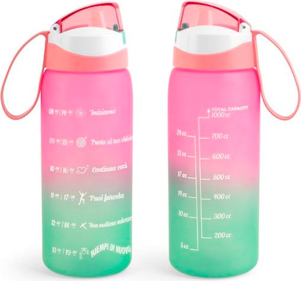Motivierende, pink/grüne Polycarbonat-Flasche, 1 Liter