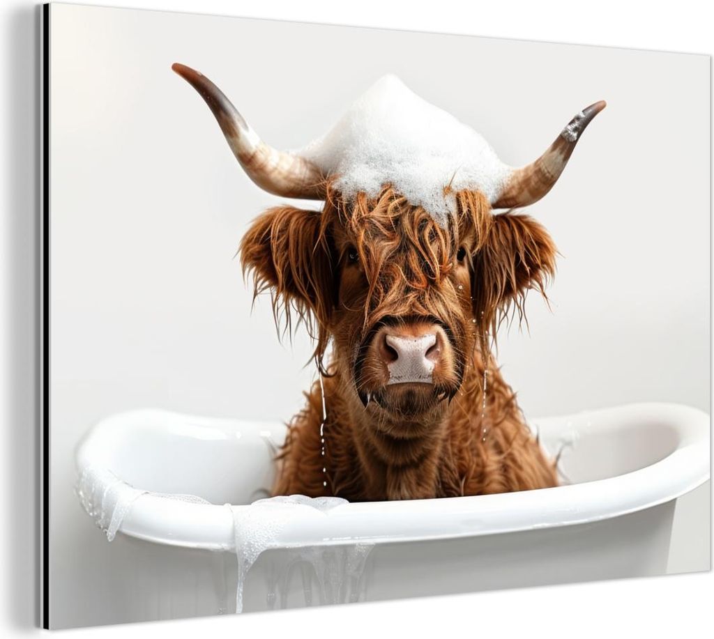 MuchoWow Wanddekoration Metall Metallbild Wandkunst 30x20 cm Schottisches Hochlandrind - Bad - Kuh - Tiere - Schaumstoff MuchoWow Aluminium Gemäld...