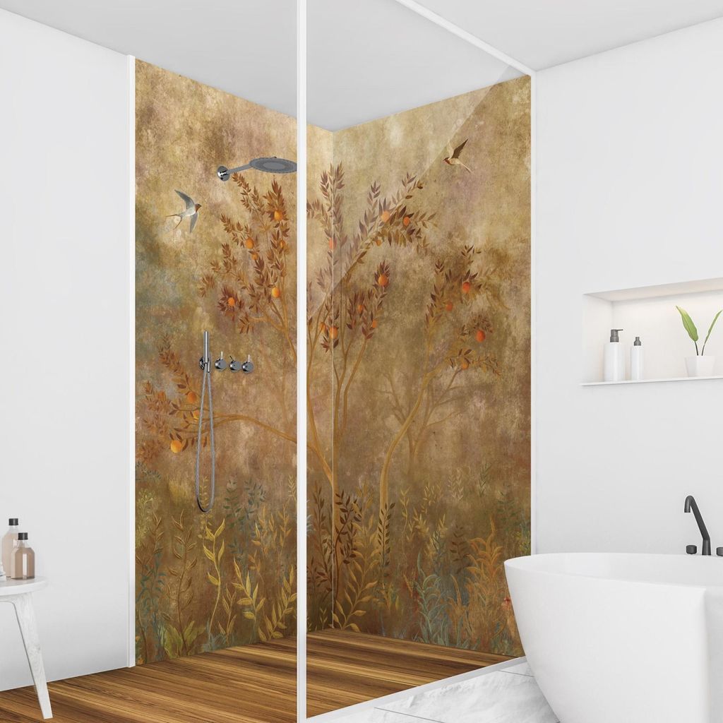 Duschrückwand Wald selbstklebend - 0.35 mm Wandpaneel wasserfest Vogel braun Tropisch Badrückwand fugenlos Smart matt 110x200 cm