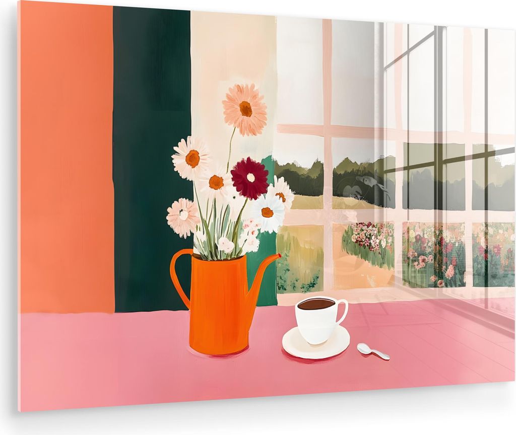MuchoWow Glasbilder - Bilder auf Wandbild - Foto auf Glas Blumen - Kaffee - Fenster 60x40 cm Wanddekoration aus Glas - Acrylglasbild - Acrylbilder ...