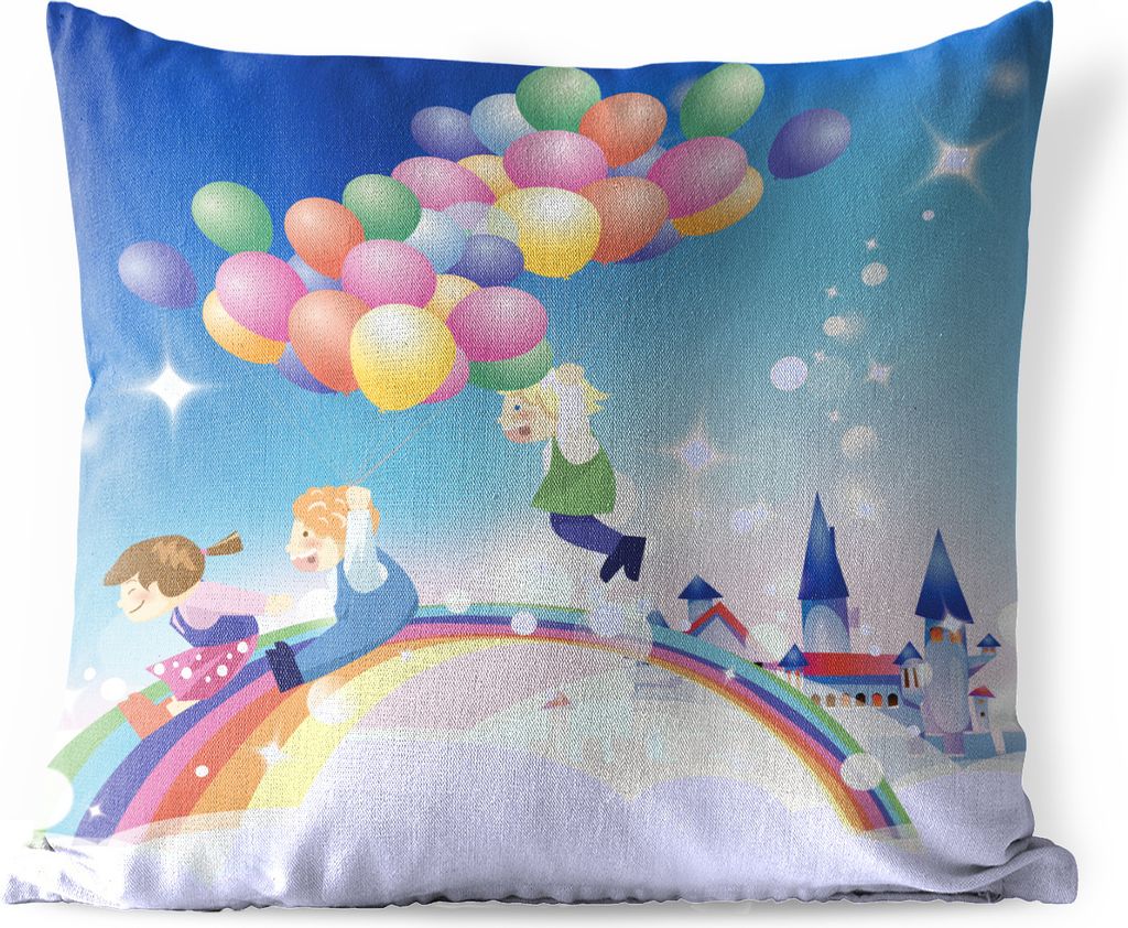 MuchoWow Outdoor Kissen - Eine Illustration eines Mädchens mit Luftballons in Regenbogenfarben - 60x60 cm - Wetterfest - Lounge Kissen - Dekorat...