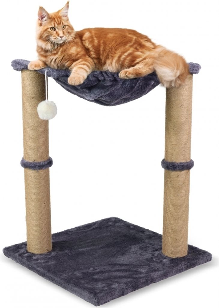 Mobiclinic Pets, Kratzbaum, Milo, 2 in 1 Design, Hängematte und Kratzbaum, 40x40x50cm, Robust,Tragbar und leicht, bis zu 10 kg, Spielball, Grau