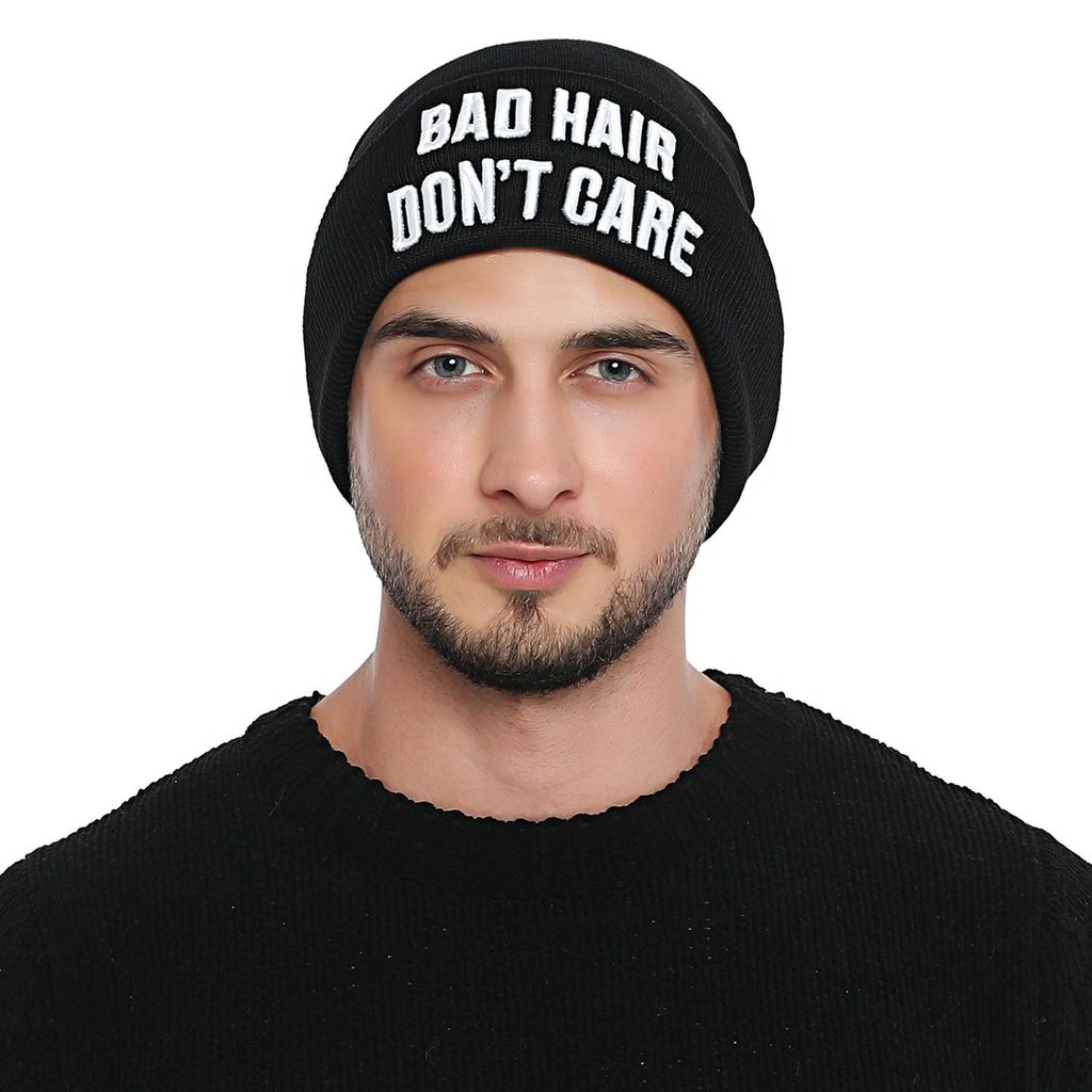 DonDon Herren stylische schwarze Mütze Winter Beanie BAD HAIR DON'T CARE