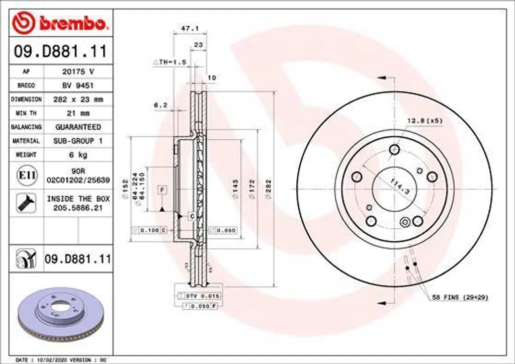 Disque de frein Brembo 09.D881.11 pour Civic X OE 45251TBAA00 Avant