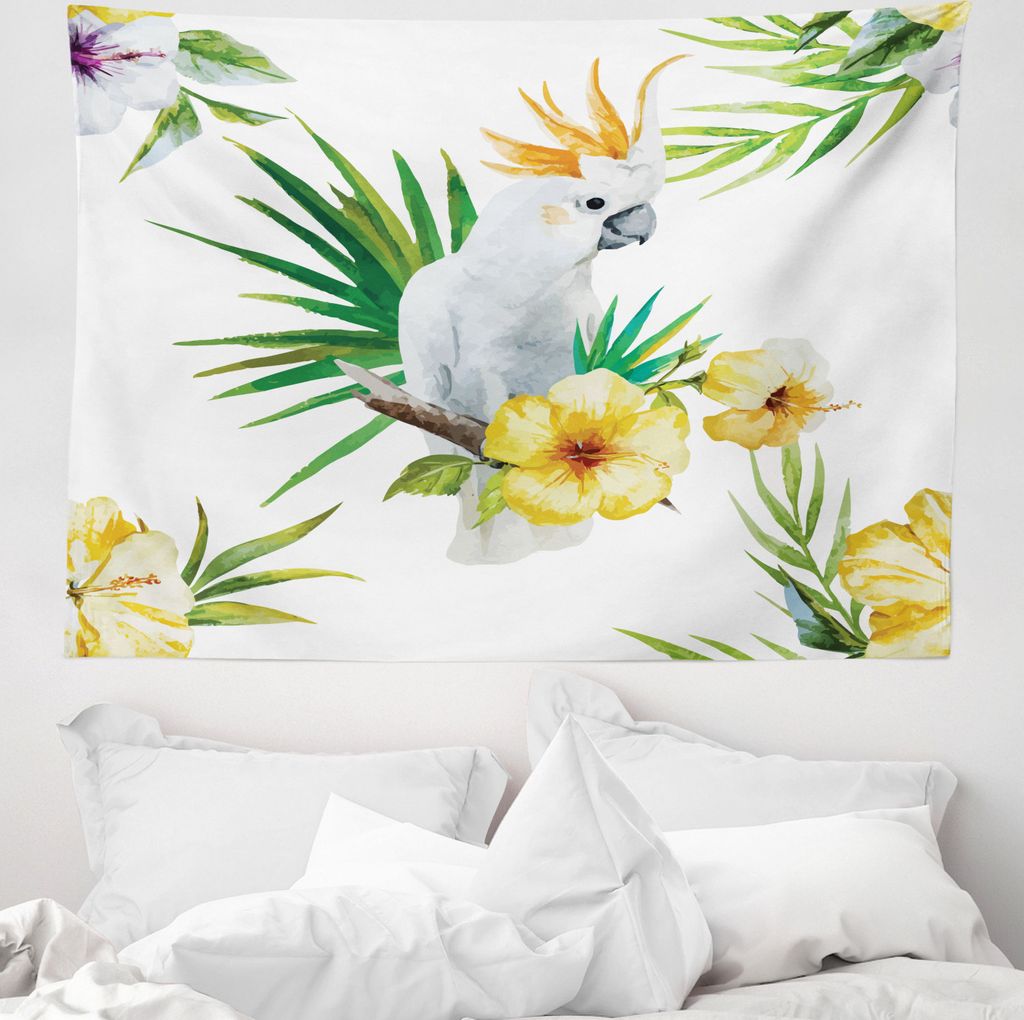 ABAKUHAUS Tier Wandteppich, Hibiscus mit Wild Birds aus Weiches Mikrofaser Stoff Waschbar ohne Verblassen Digitaldruck, 150 x 110 cm, Gelb Grün Weiß