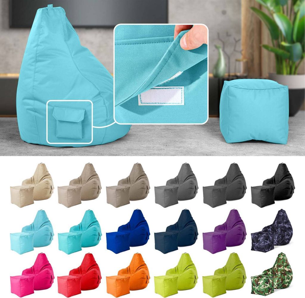 Green Bean 2er Set Sitzsack + Hocker "Cozy+Cube" - mit EPS Perlen Füllung - robust waschbar schmutzabweisend - Aquamarin