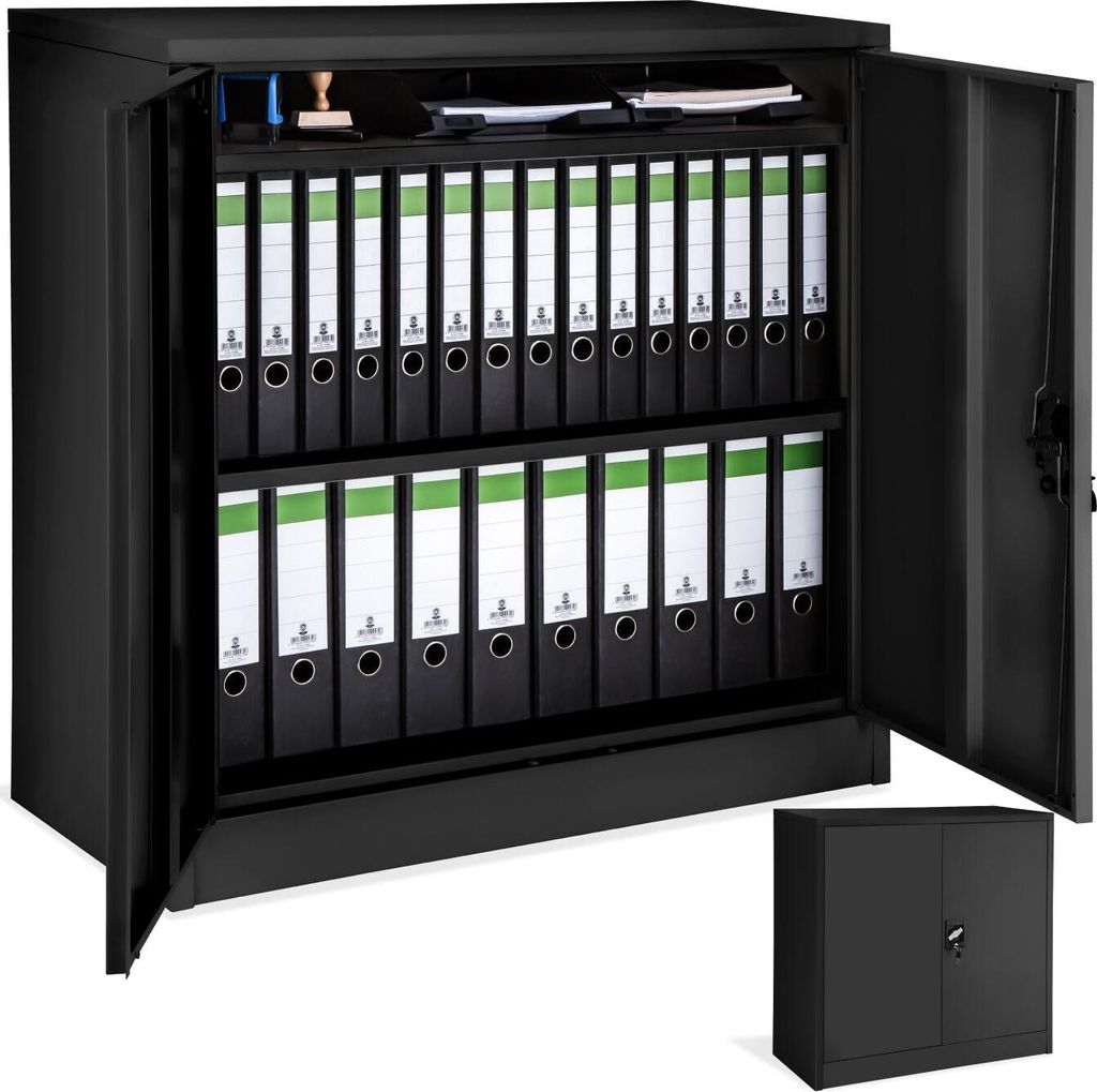 A black metal filing cabinet filled with binders is shown with one door open. A smaller inset image shows the cabinet closed.