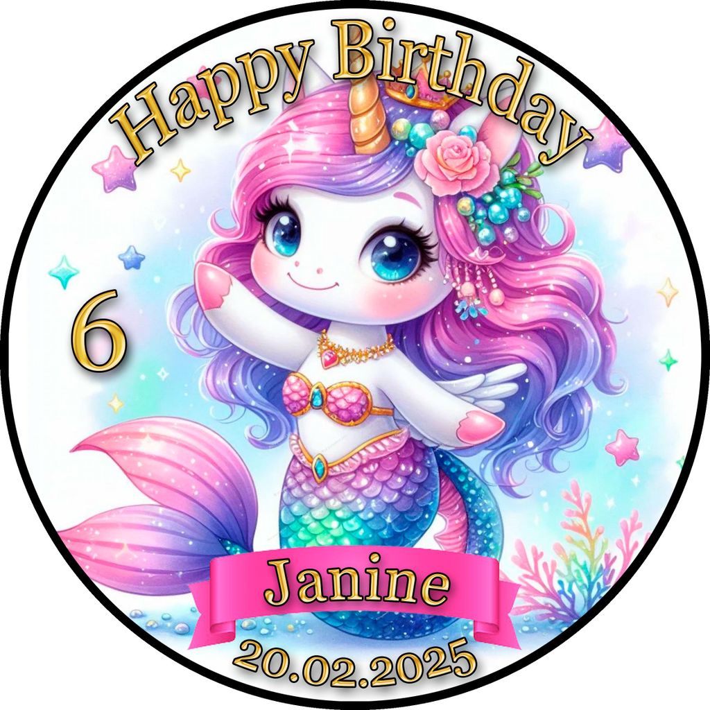 Tortenaufleger Tortendeko Fototorte Tortenbild Einhorn Meerjungfrau Regenbogen FT21 (Zuckerpapier) Rund 14 cm Ø ohne Foto