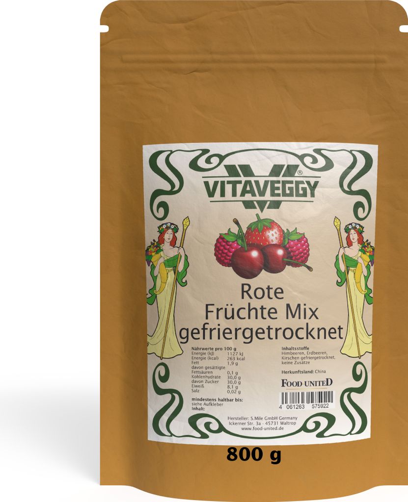 VITAVEGGY ROTE FRÜCHTE MIX gefriergetrocknet 800g ohne Zusatzstoffe von Food-United Trockenobst - aus Erdbeeren Himbeeren und Kirschen - natürlic...
