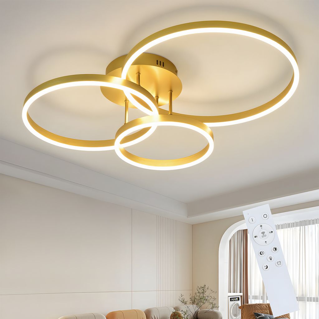 ZMH LED Deckenlampe Deckenleuchte Wohnzimmer Wohnzimmerlampe Dimmbar 82CM Modern Design Gold 74W Schlafzimmerlampe mit Fernbedienung 3 Ring aus Acr...