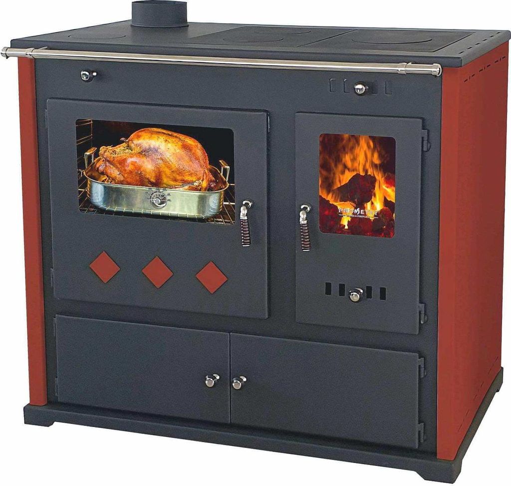 A wood-burning stove with a turkey roasting in the oven and a fire burning in the firebox.