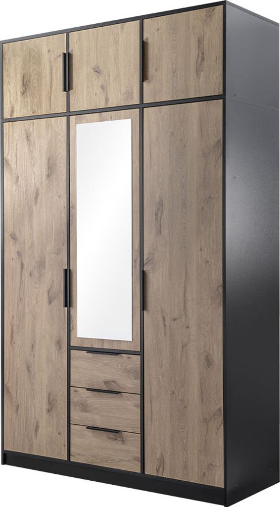 MIRJAN24 Kleiderschrank Lati D3 mit Schrankaufsatz, Drehtürenschrank mit 3 Drehtüren und 3 Schubladen, Frontspiegel (Farbe: Schwarz / Eiche Viking)