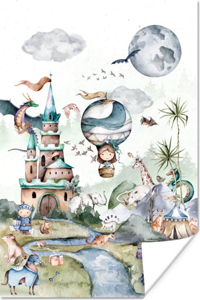 MuchoWow Poster Kinder - Heißluftballon - Drache - Jungen - Burg - Aquarell 120x180 cm - Kunstposter