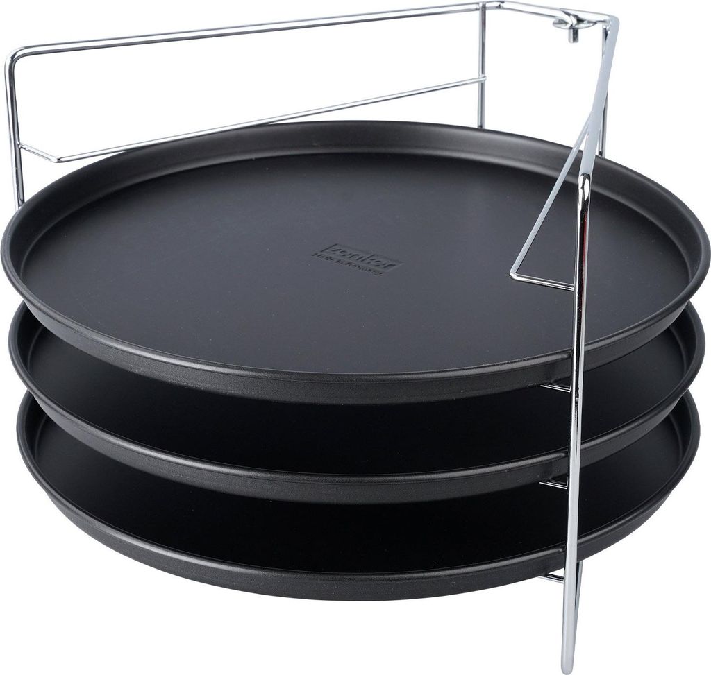 Zenker Pizzaset 4-teilig SPECIAL COUNTRIES, Pizzableche mit Ständer, runde Pizzabackbleche beschichtet (Farbe: Schwarz/Silber), Menge: 1 Set