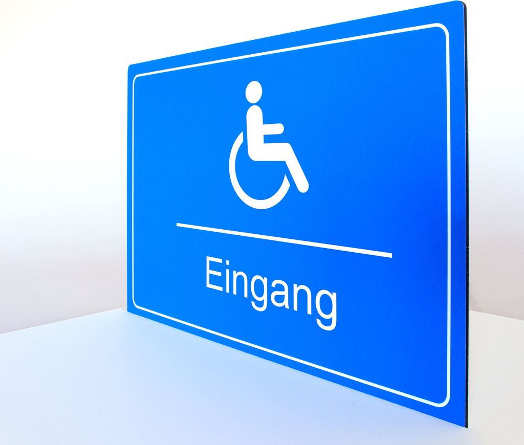 Hinweisschild blau – Eingang Behinderte – Querformat – 4 mm Alu Verbundplatte (60 x 40 cm)