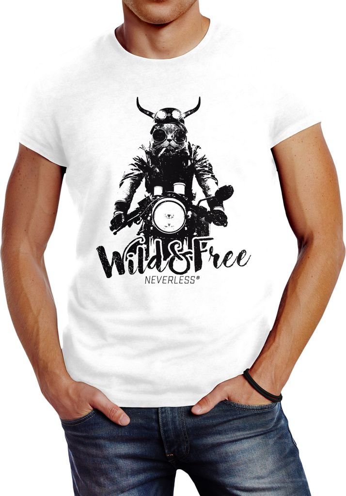 cooles Herren T-Shirt Katze auf Motorrad Slim Fit Neverless weiß M