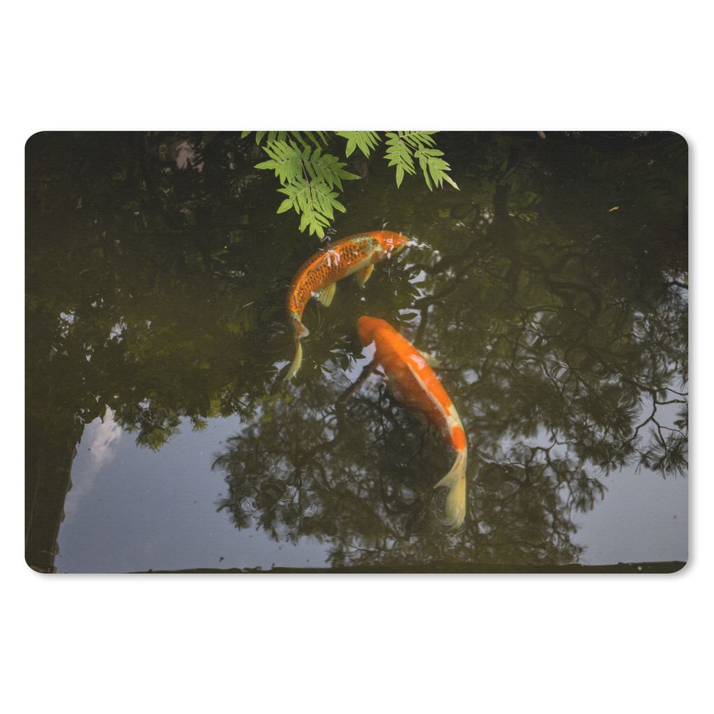 MuchoWow Schreibtischunterlage Zwei Koi-Karpfen um einen Teich 60x40 cm - XXL Mauspad - Großes Mauspad