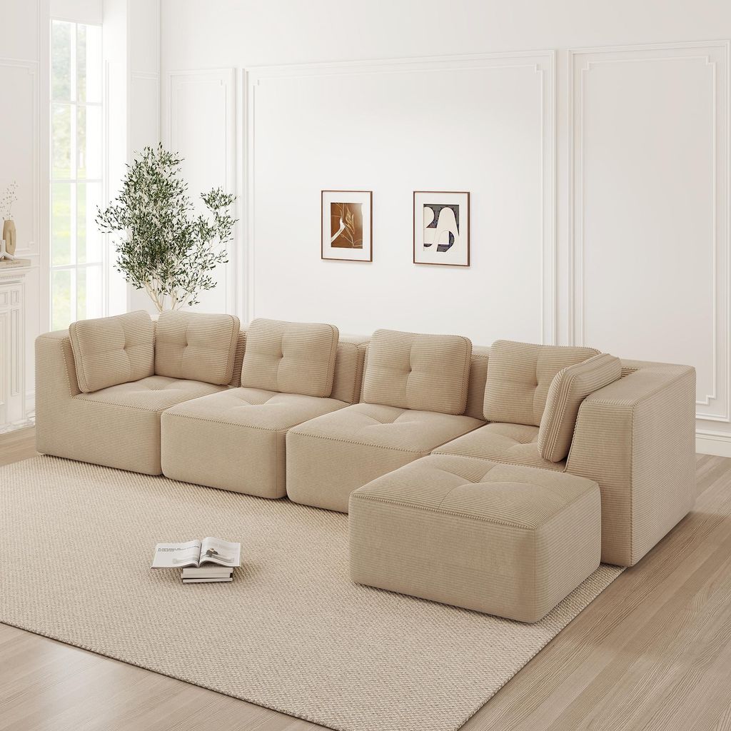 Cordstoff-Viersitzer-Sofa L-Form, rahmenlos, Tiefensitz, 386 x 177 x 69 cm, Beige