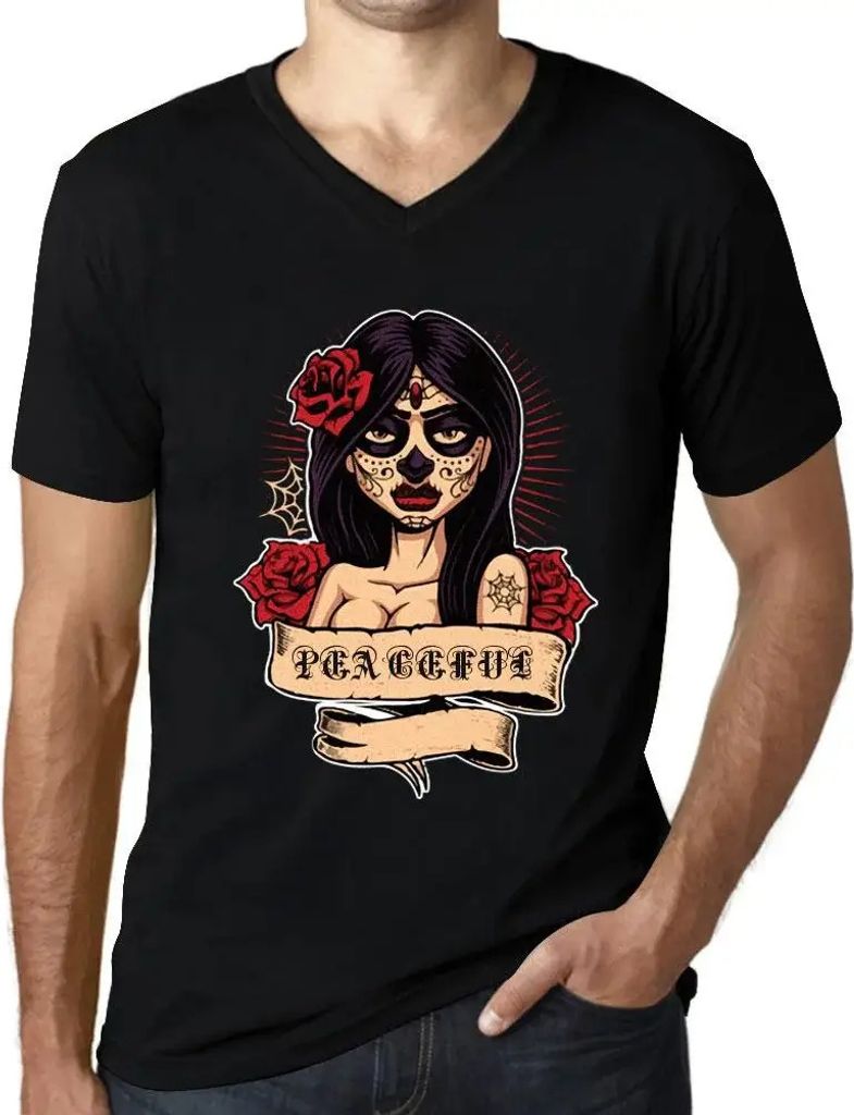 Herren Grafik T-Shirt V-Ausschnitt Frauen Blume Tattoo friedlich – Women Flower Tattoo Peaceful – Öko-Verantwortlich Vintage Jahrgang Kurzarm ...