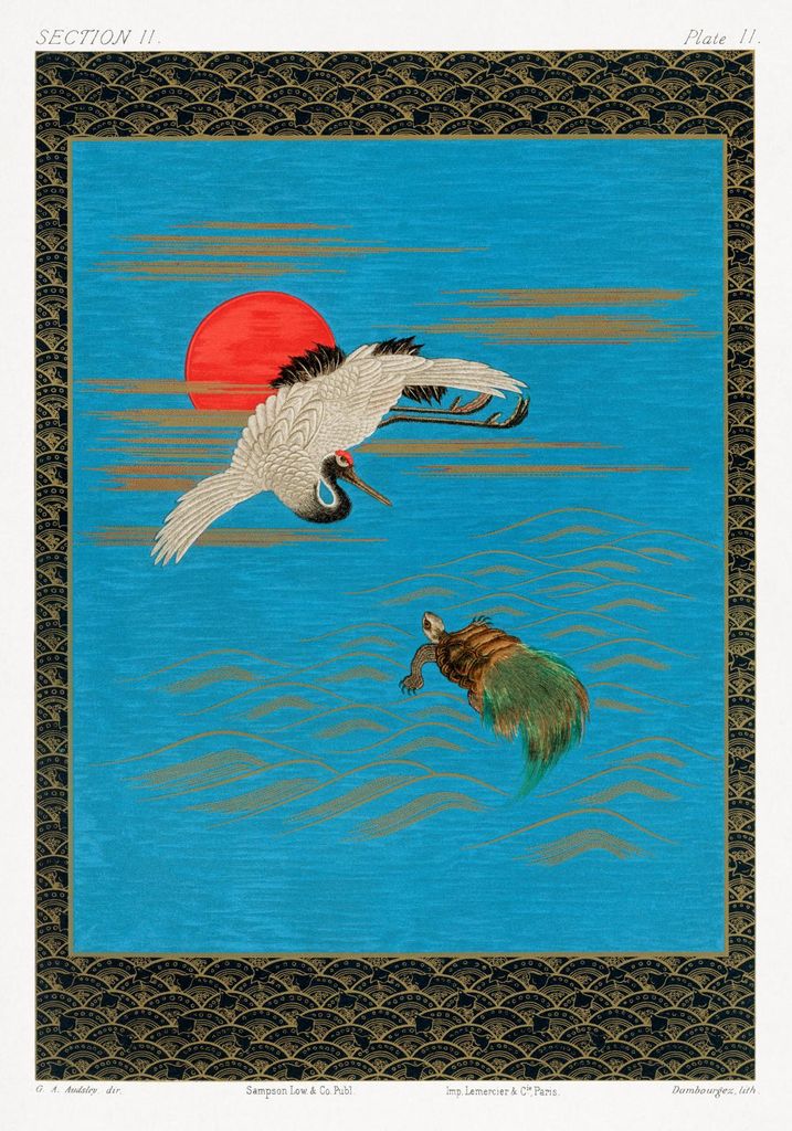 Poster 70x100cm Fliegender Indischer Kranich, G.A. Audsley für das Wohnzimmer