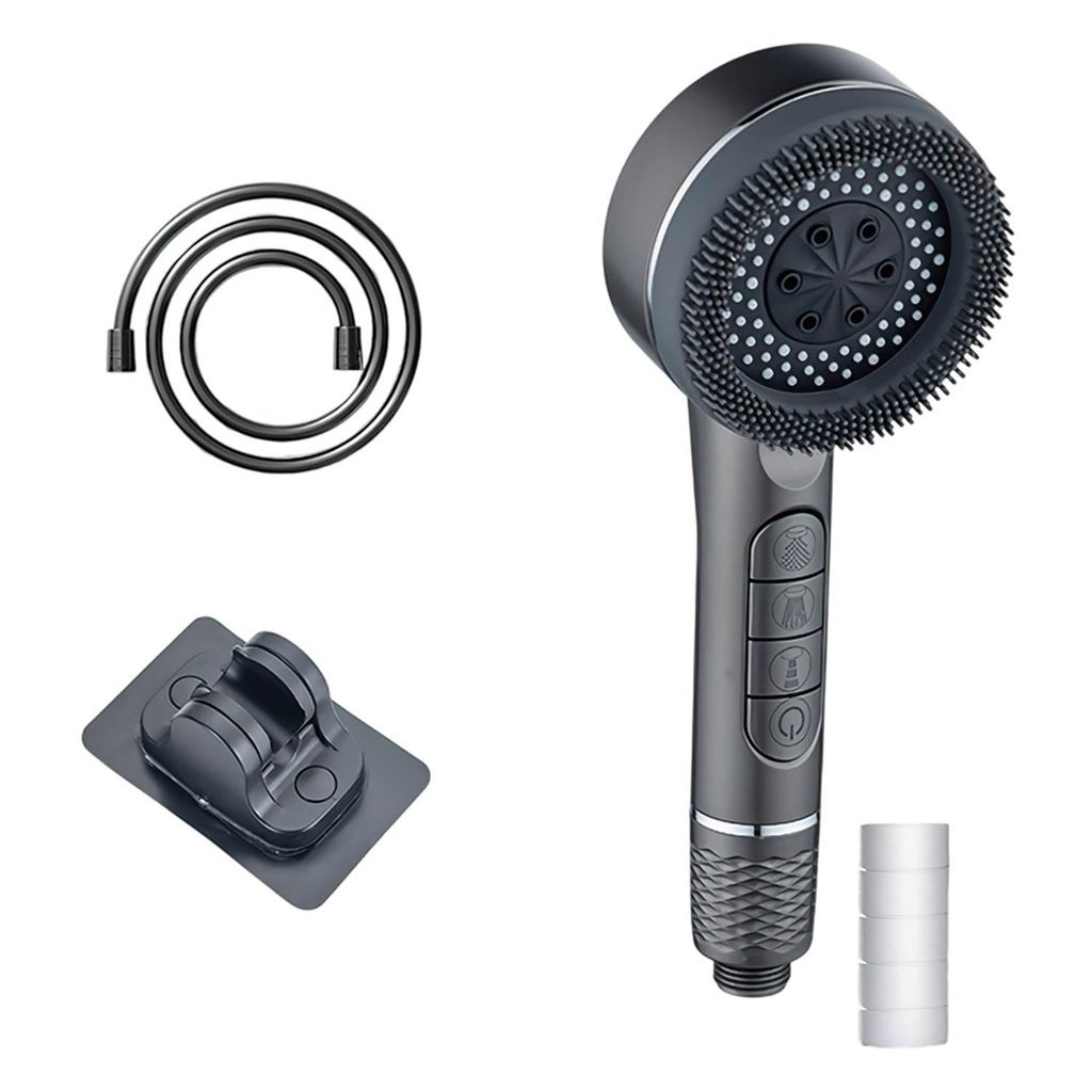 Duschkopf mit Schlauch und Halterung, Duschbrause mit Filter, Handbrause mit 4 Strahlarten, Ohne Bohren, Grau