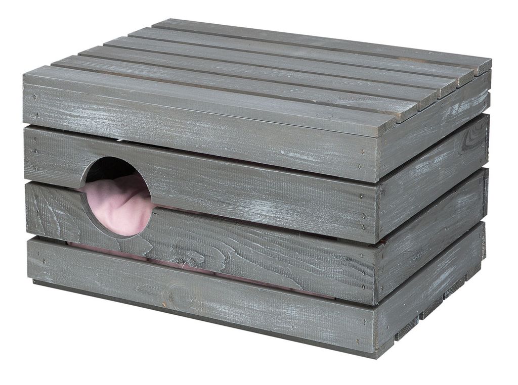 1x graue Holzkiste Vintage Design mit Deckel, Eingang + Kissen / NEU / 50x40x30 cm / Katzentruhe
